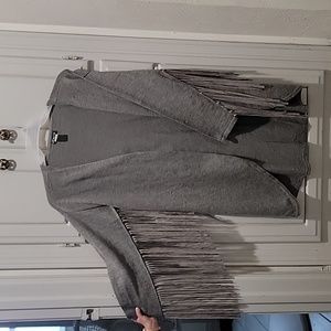 VENUS NWOT Grey Faux Leather fringe sleeve open front lightweight sweater Size M